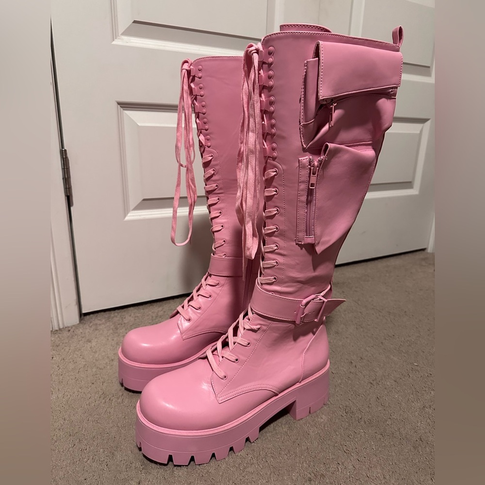 Pink Obsidian Knee-High Combat Boots by Dolls Kill (Sugar Thrillz)